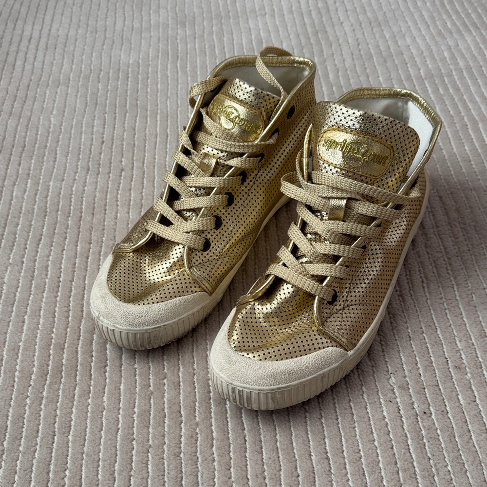 Stylish Gold Perforated High-Top Sneakers